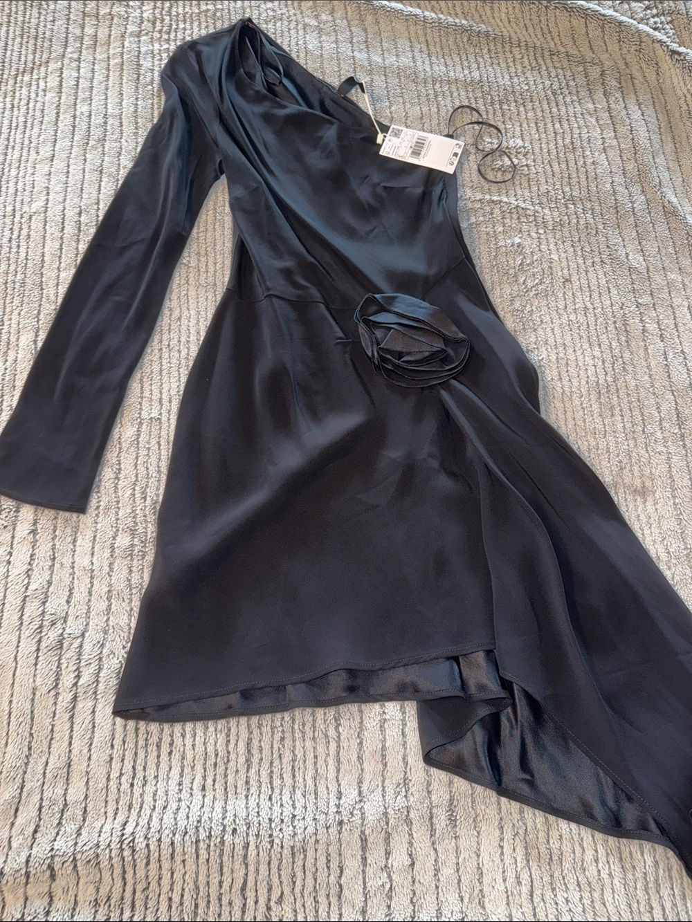 Mango Black Asymmetrical One-Shoulder Dress with Rosette